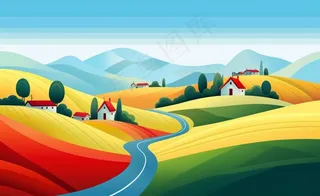 乡村村庄美丽风景河流插画农田插画背景