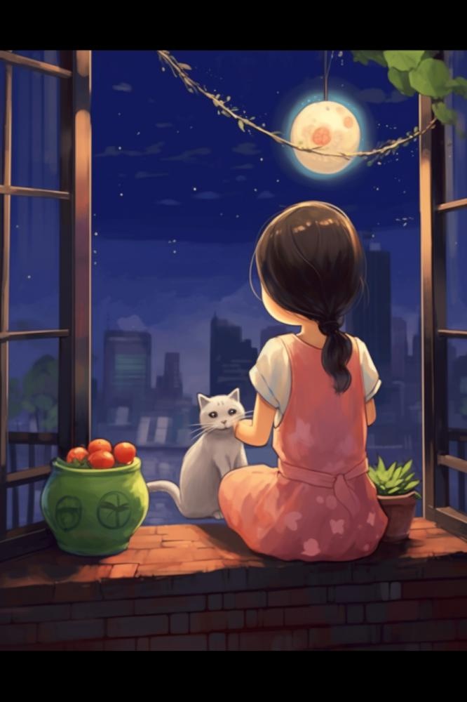 夜晚坐着窗边赏月的女孩猫插画背景(896x1344)