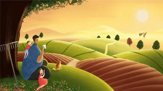 父亲儿子女儿温馨画面 早晨 田野