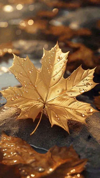 秋天黄色秋叶落叶雨天特写故事感，秋分立秋摄影图