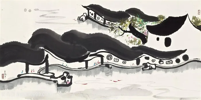 吴冠中手绘水墨房子艺术风景画