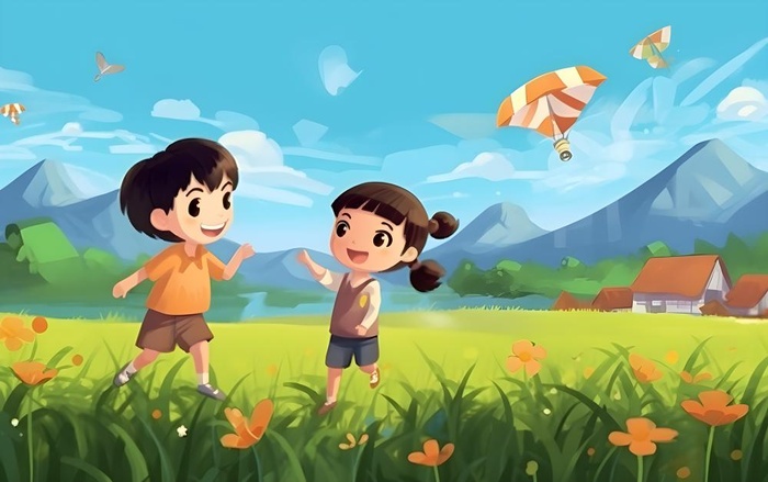 儿童孩子们大自然草原森林游玩卡通背景