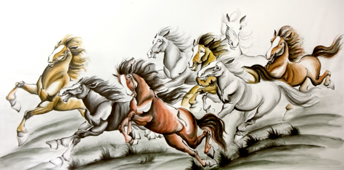 马到成功八马山水背景墙