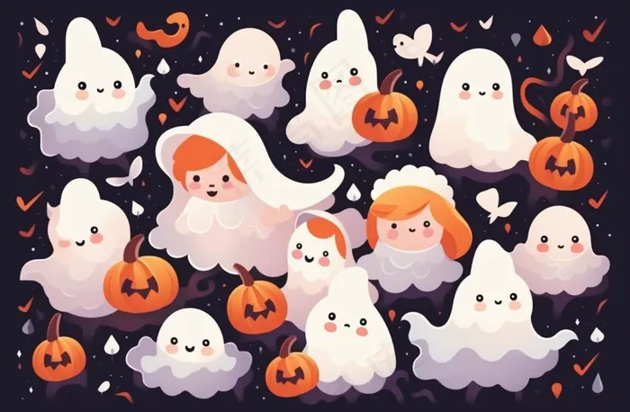 万圣节可爱搞怪小孩幽灵卡通插画素材(1344x880)