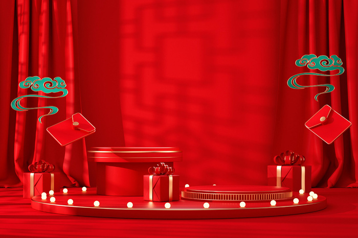 中国风古典喜庆C4D背景图3D国潮场景促销活动海报PSD设计素材模板