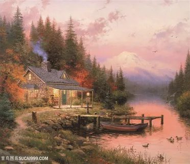 湖畔乡村建筑美景油画装饰画