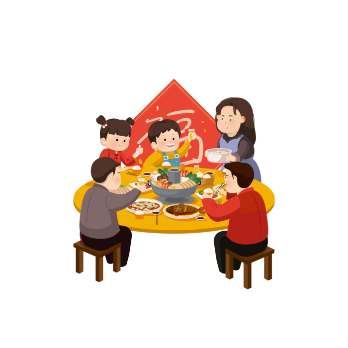 虎年新年场景包饺子舞狮鞭炮年夜饭手绘