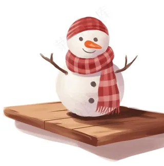 木板上的雪人帽子围巾卡通插画