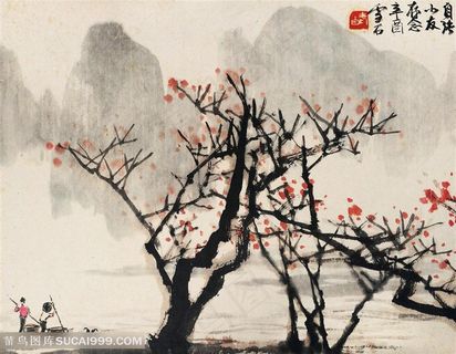 白雪石唯美水墨花卉山脉湖畔美景装饰画