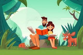 父亲爸爸抱着孩子看书阅读背景