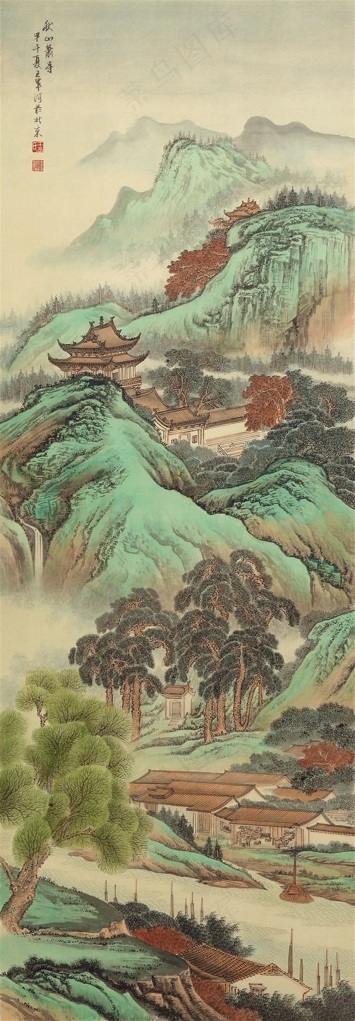 高清界画当代画家王军河绘制秋山萧寺鬼脸皴仙山亭台楼阁古松树仿古皇家寺庙