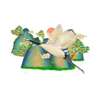 中国风国潮仙鹤山水插画手绘元素场景PSD设计素材