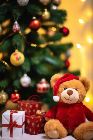 圣诞树礼盒小棕熊礼物节日摄影图