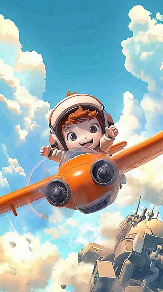 卡通少年男孩飞行飞机玩耍，可爱儿童节，天空白云