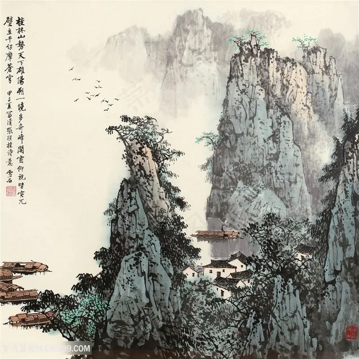 白雪石水墨山脉湖畔美景