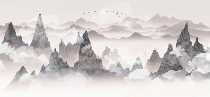 山峰云雾艺术风景画PSD素材