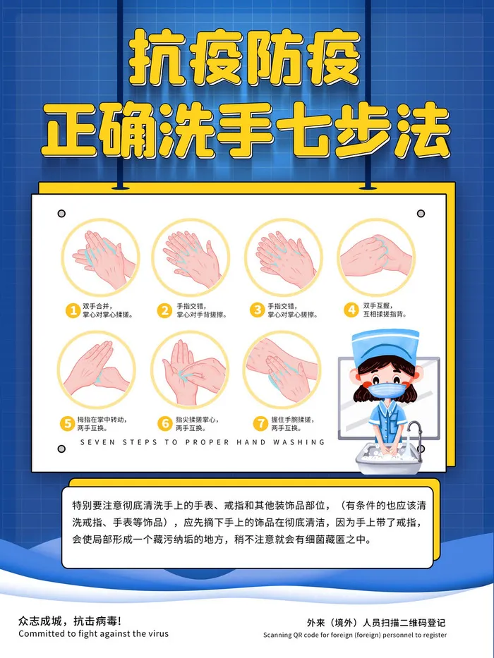 卡通新冠疫情防疫七步洗手法海报psd模版下载