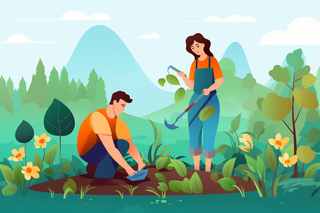 少年们正在植树绿色卡通插画