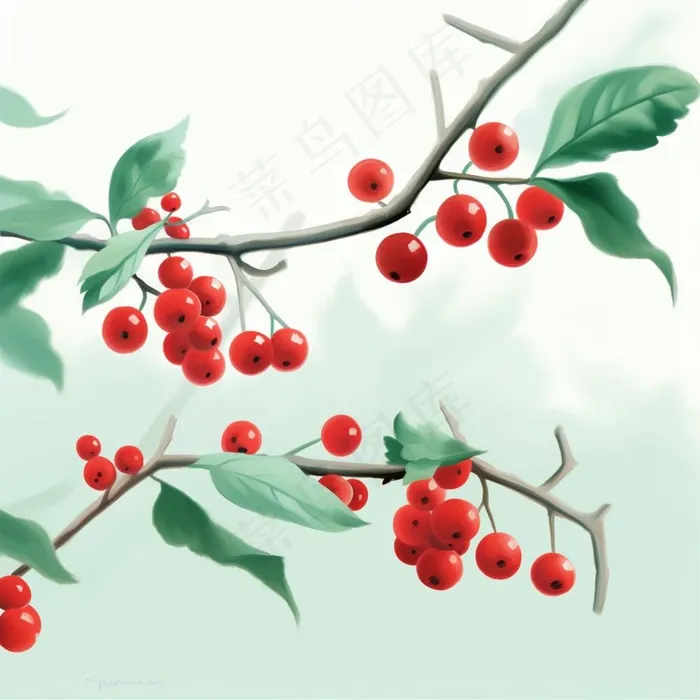 树枝上的红色果实小清新植物水墨画插画素材(1024x1024)