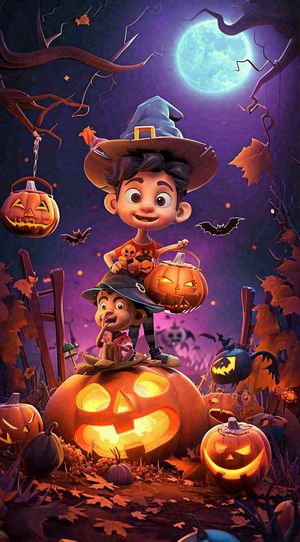 梦幻黑色万圣节恐怖南瓜，夜晚卡通动漫插画