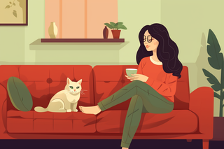 女孩坐着客厅沙发猫咪卡通插画