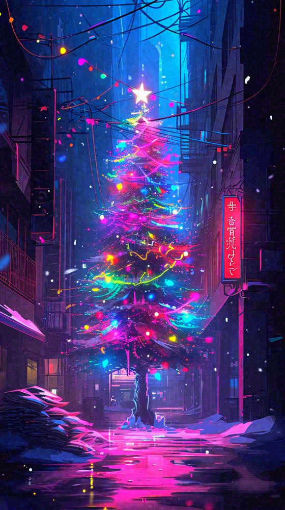 炫酷圣诞彩色缤纷圣诞树节日，夜晚街道建筑，暗黑