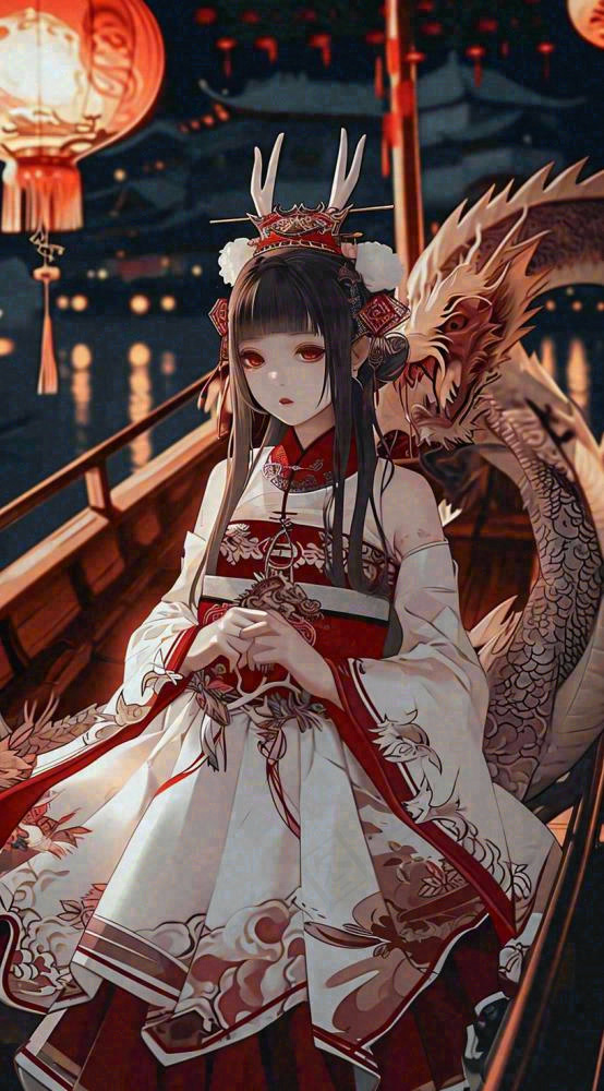 少女漫画古风灯笼夜晚夜景船只手绘插画(816x1472)