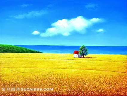 黄色麦田风景画图片 黄色麦田风景画图片