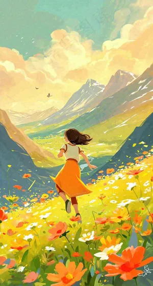 春日浪漫山脉鲜花草坪里的女孩，油画手绘插画，春分