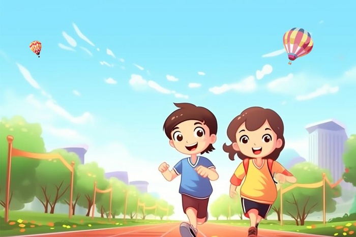 卡通儿童学生开心奔跑清新banner背景