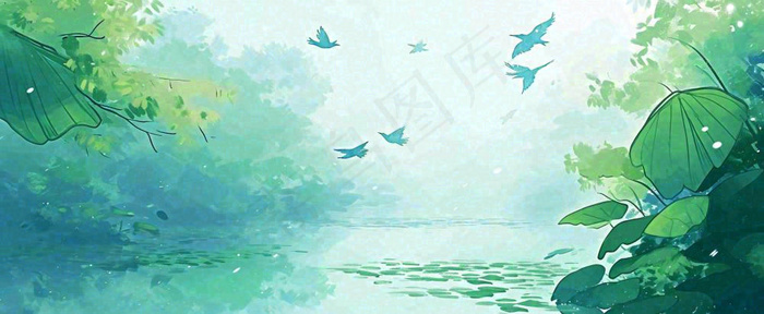 夏天池塘荷花池荷花荷叶河流插画手绘，夏至处暑小暑大暑(1712x704)