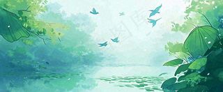 夏天池塘荷花池荷花荷叶河流插画手绘，夏至处暑小暑大暑