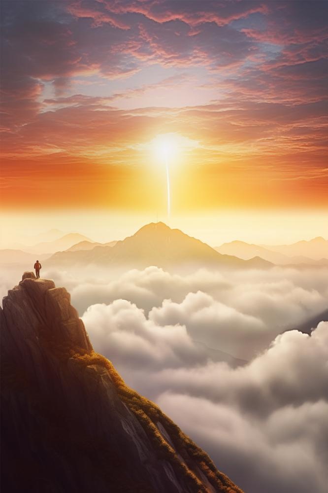 落日云端山脉人物意境海报背景