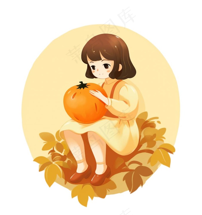 抱着南瓜的小女孩可爱卡通插画免抠(1024x1088)