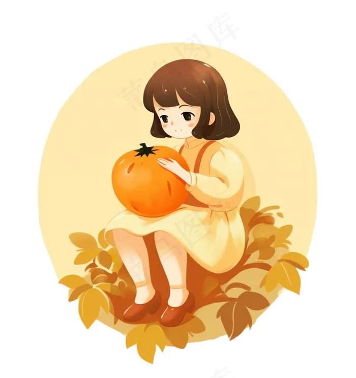 抱着南瓜的小女孩可爱卡通插画免抠(1024x1088)
