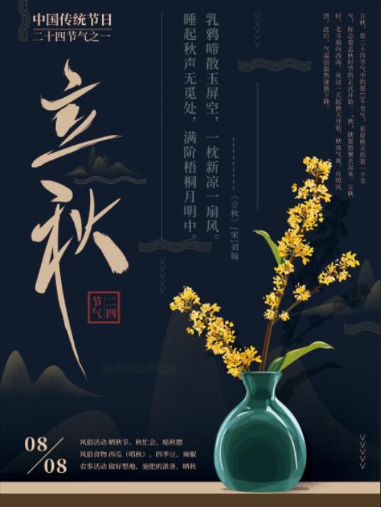 手绘蓝色清新立秋节气海报