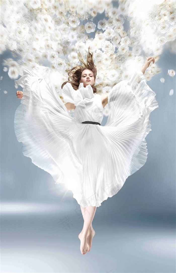 飘逸白裙花朵女人*美女模特高清素材