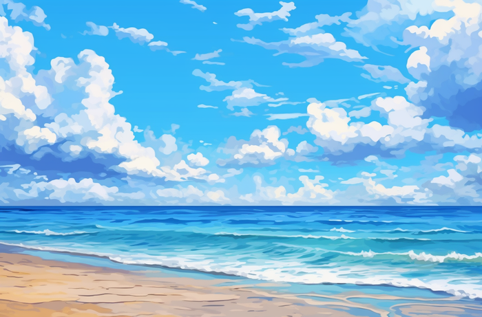 蓝海白云碧海沙滩风格极简主义插画背景(4080x2688)