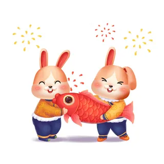 手绘2023兔年新年卡通兔子形象IP插画元素PSD设计素材png图案