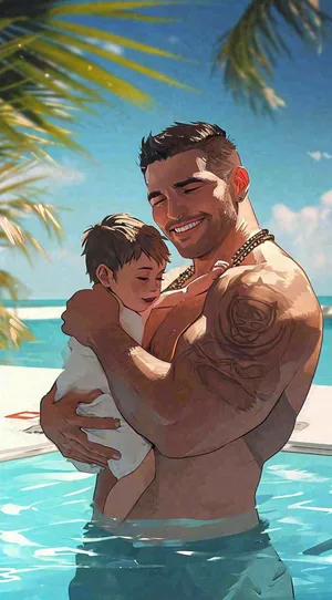 夏日泳池父爱父亲节家庭游泳，蓝天阳光，大暑小暑暑期