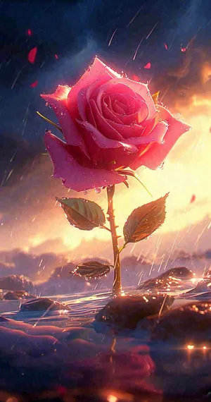 海平面上渐变落日前的一支粉色玫瑰花鲜花花朵，鲜艳爱情