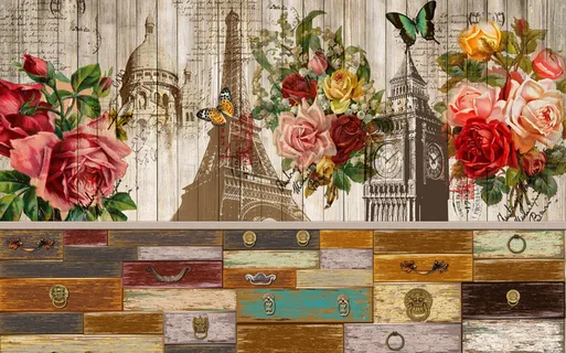 复古怀旧木纹鲜花世界地标背景墙