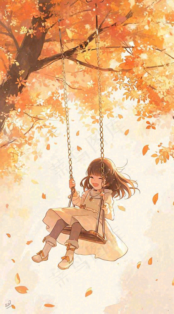 秋天落叶季节少女玩耍荡秋千，秋分儿童(816x1472)