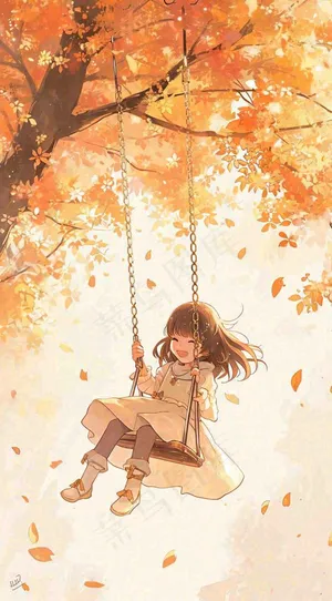 秋天落叶季节少女玩耍荡秋千，秋分儿童