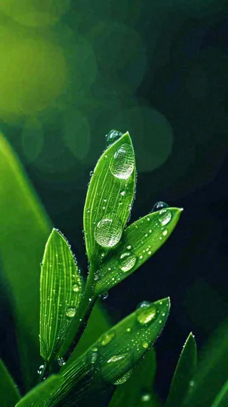 春天树叶草叶上晶莹剔透的水珠，雨水摄影图