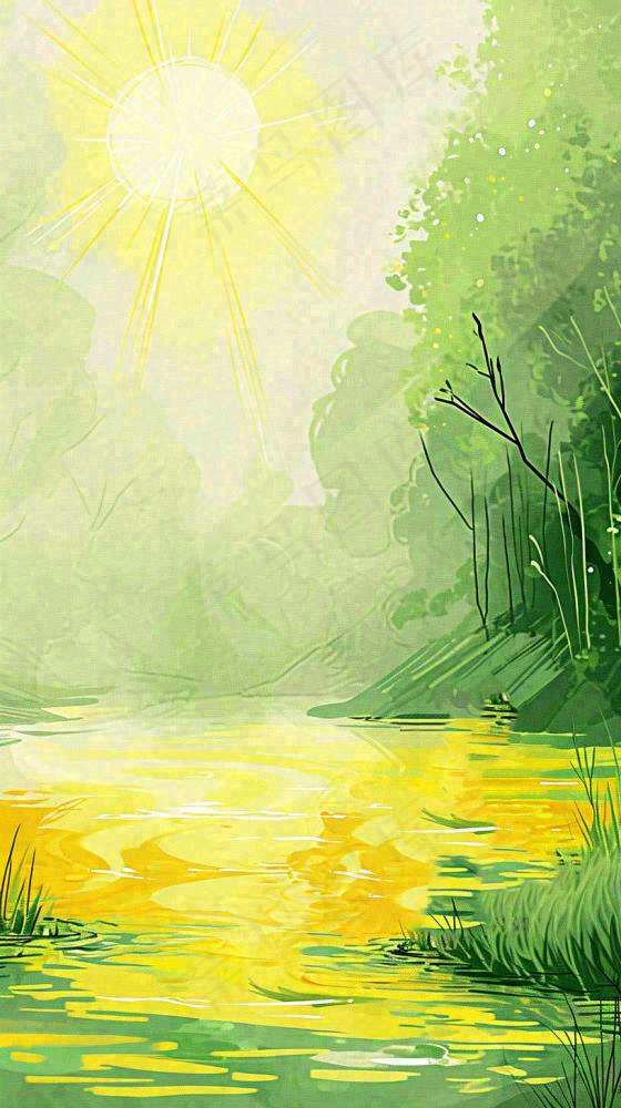 夏日森林丛林阳光绿色河面草丛树木手绘插画，夏至小暑大暑(816x1456)