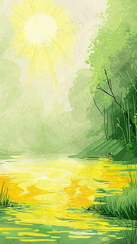 夏日森林丛林阳光绿色河面草丛树木手绘插画，夏至小暑大暑(816x1456)