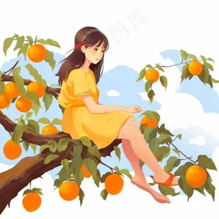 女孩少女坐着橘子树上可爱卡通插画素材背景