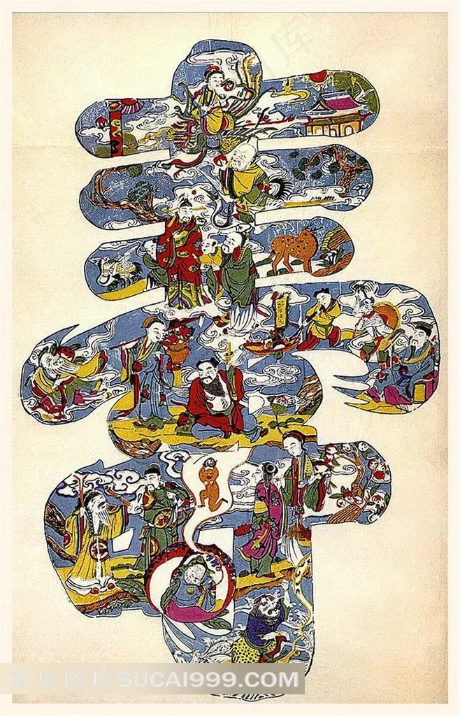 民间年画众神仙组成的寿字图