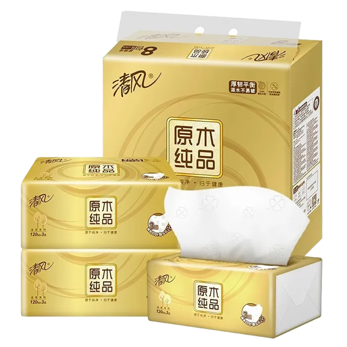 清风 金装原木纯品3层软抽纸面巾纸 120抽x8包／提超市商品白底图免抠实物摄影png格式图片透明底